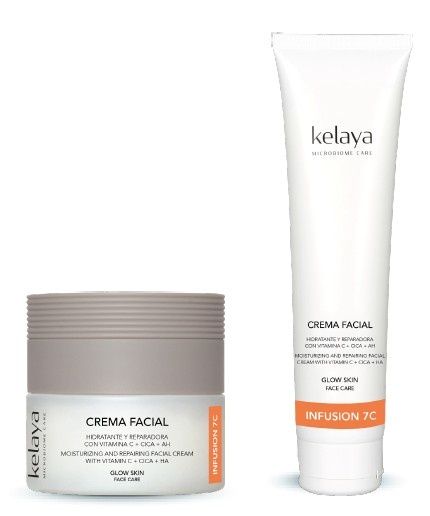 Crema facial Kelaya Infusion 7C en un tarro blanco y un tubo exprimible blanco a juego sobre un fondo liso.