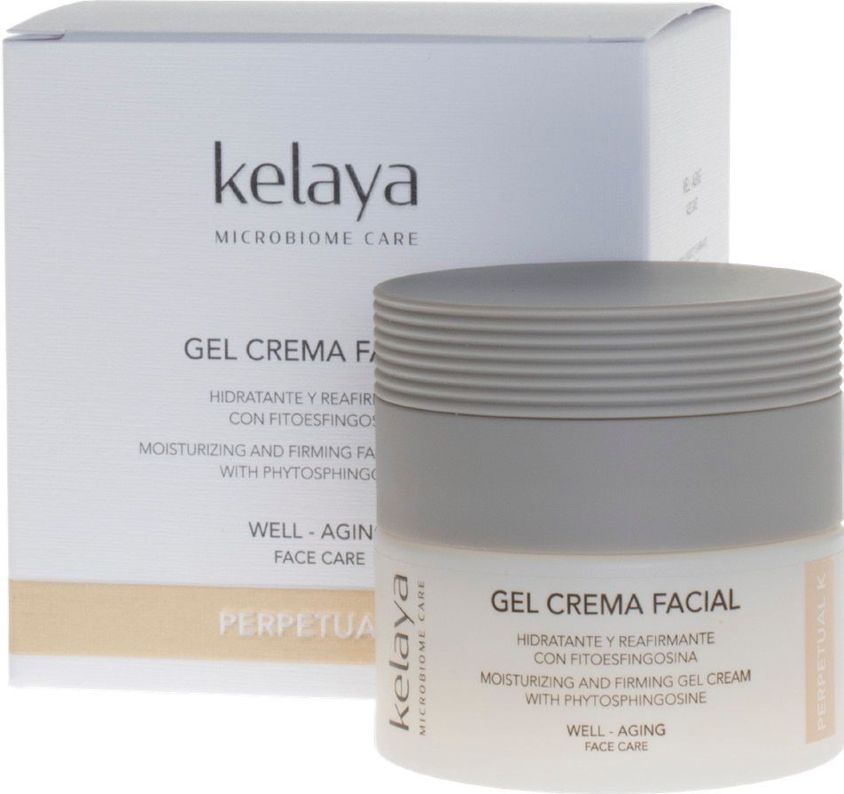 Un tarro de crema facial en gel Kelaya Microbiome Care y su caja blanca a juego sobre un fondo neutro.