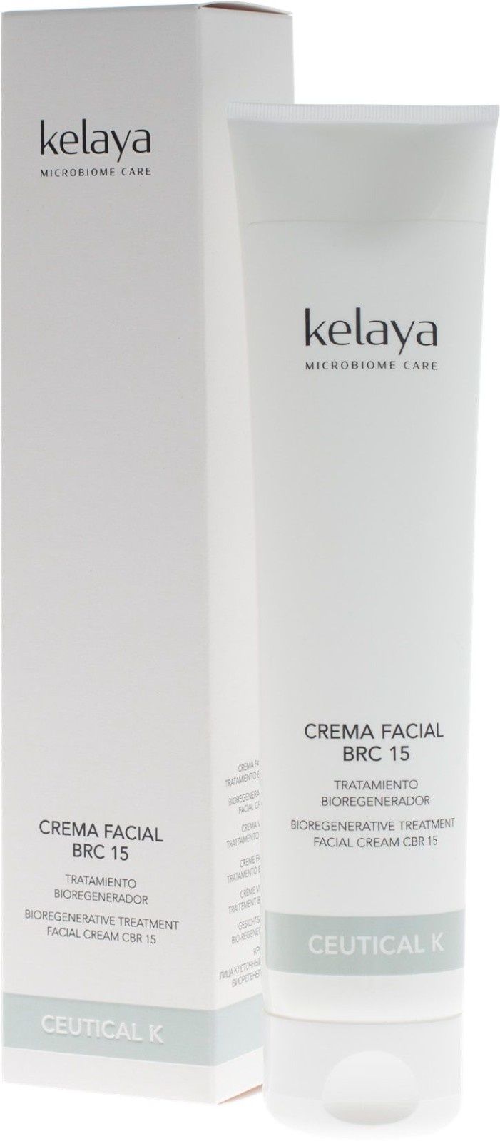 Un tubo blanco de crema facial de la marca Kelaya, junto a su caja blanca a juego.