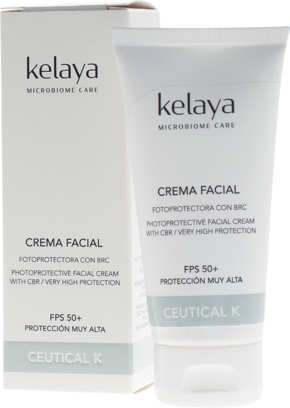 Tubo de crema facial Kelaya Ceutical K SPF 50+ y su caja blanca sobre fondo blanco.
