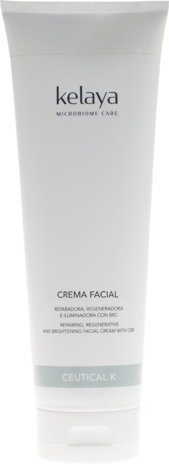 Un tubo blanco de crema facial Kelaya Ceutical con texto negro sobre fondo gris claro.