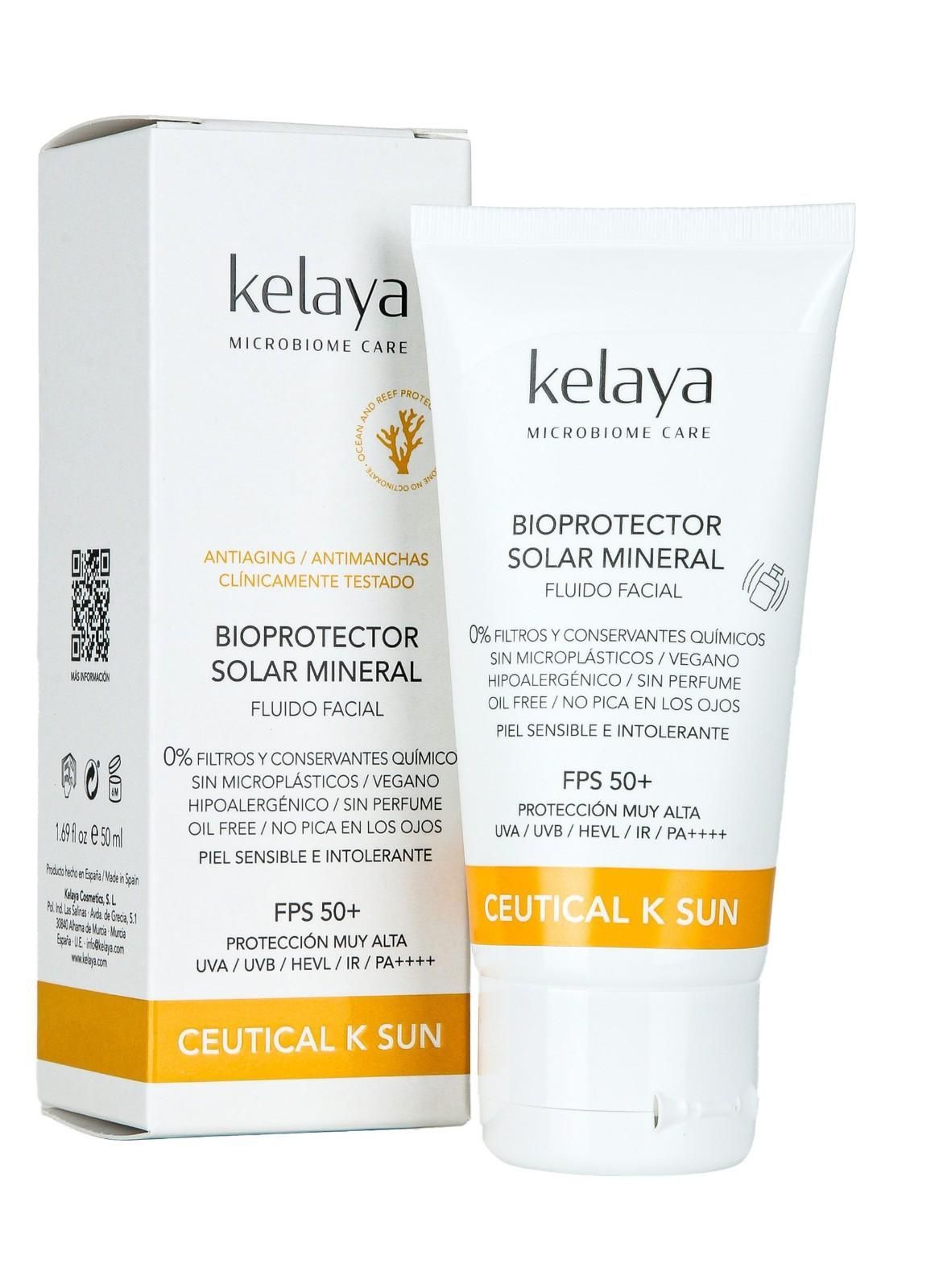 Tubo blanco y naranja de protector solar facial mineral Ceutical K Sun de Kelaya junto a su caja de producto a juego.