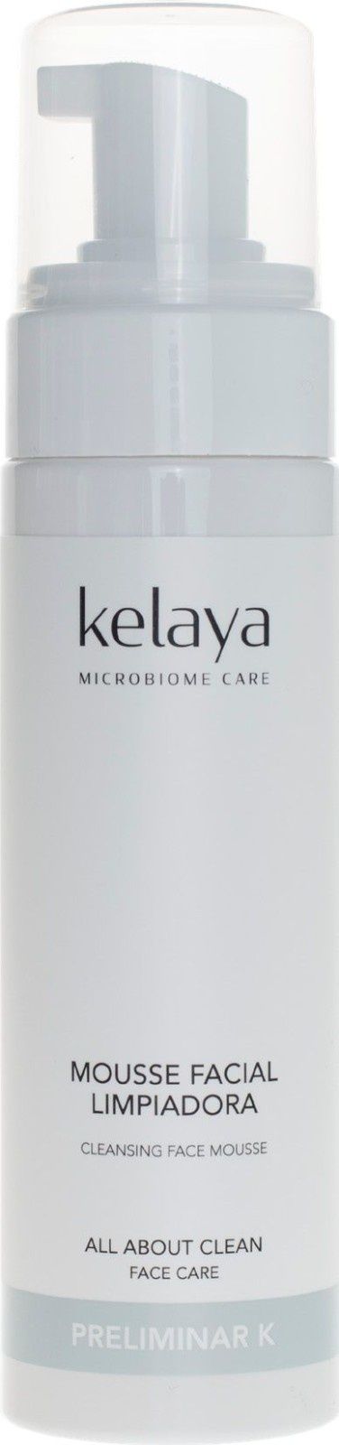 Un frasco blanco de espuma limpiadora facial Kelaya con tapa dispensadora de bomba transparente, sobre un fondo blanco.