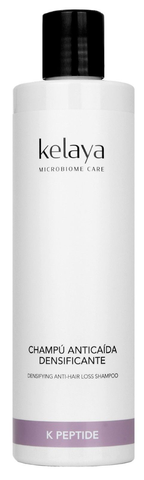 Una botella de champú Kelaya anticaída y densificante con etiqueta blanca, tapón negro y una franja morada en la base.