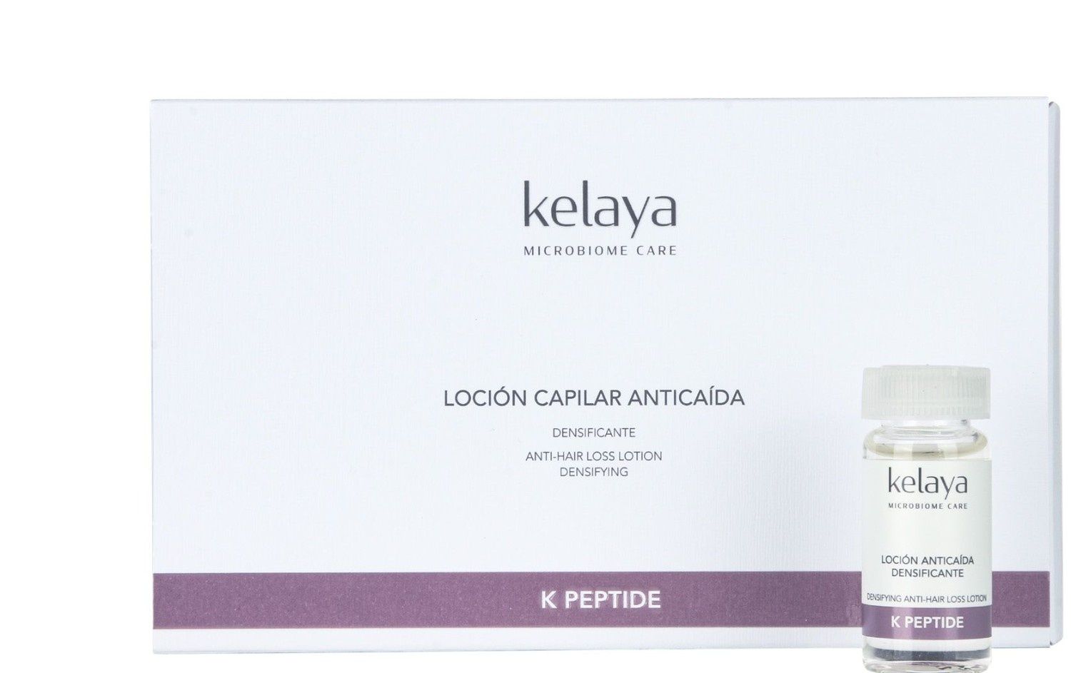 Una caja y un pequeño frasco de loción anticaída Kelaya con la marca en color morado sobre un fondo blanco.