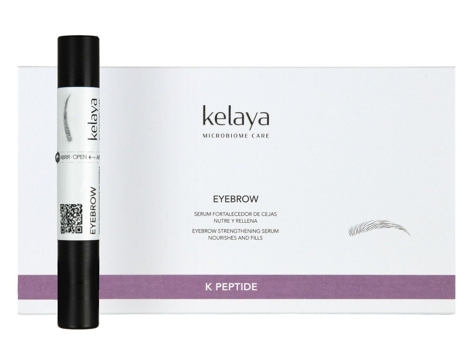 Tubo de sérum para cejas Kelaya y su caja de embalaje blanca con detalles en color púrpura y logotipo de la marca.