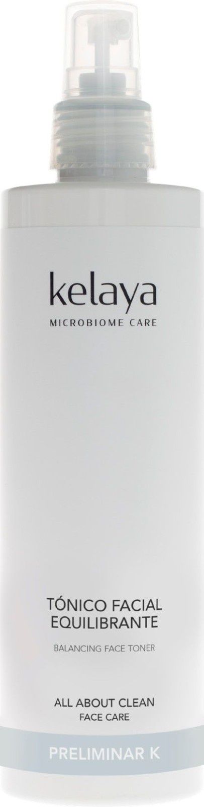 Un frasco alto y blanco de tónico facial Kelaya con boquilla pulverizadora y etiqueta azul claro.