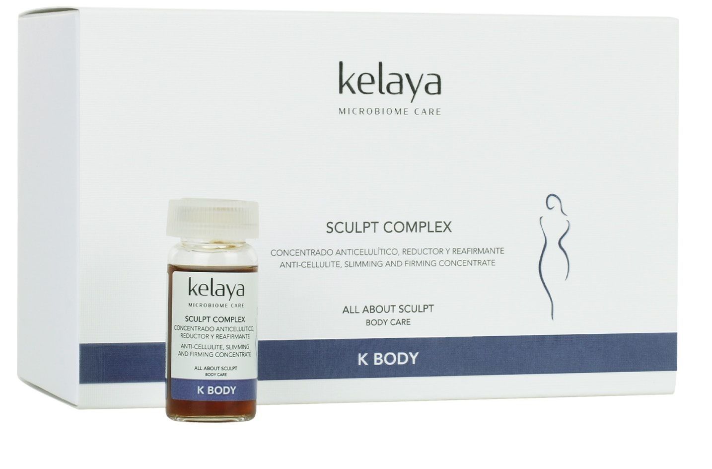 Una caja blanca y un pequeño frasco de vidrio del tratamiento corporal Kelaya 