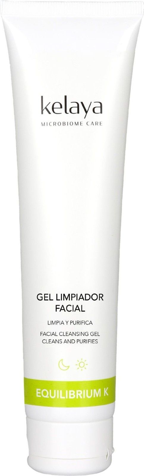 Un tubo blanco de gel limpiador facial Kelaya Equilibrium con una banda verde en la parte inferior sobre un fondo blanco.