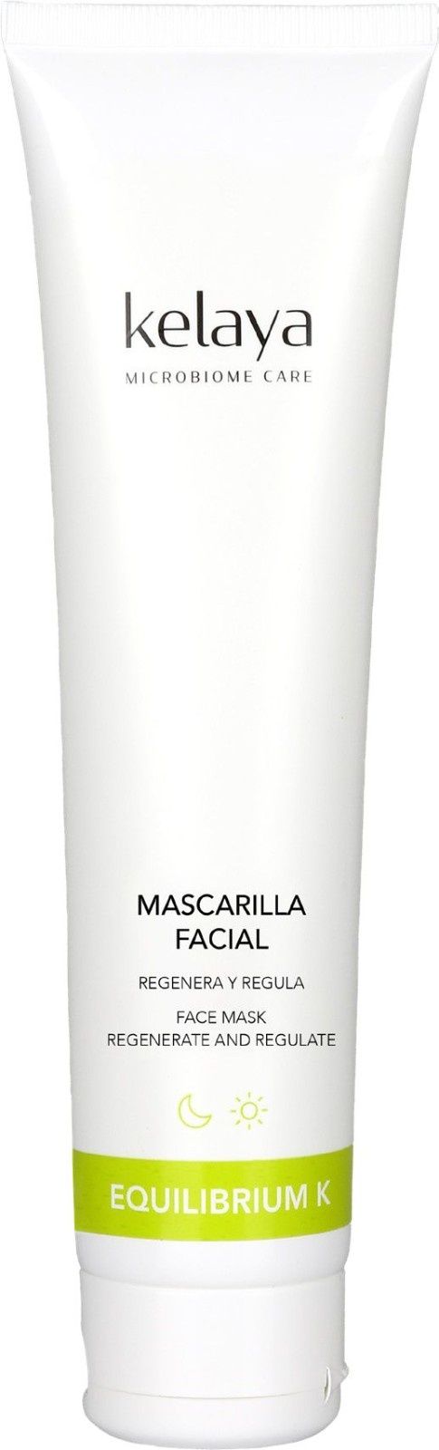 Un tubo blanco de mascarilla facial Kelaya Equilibrium con texto verde de acento sobre un fondo blanco.