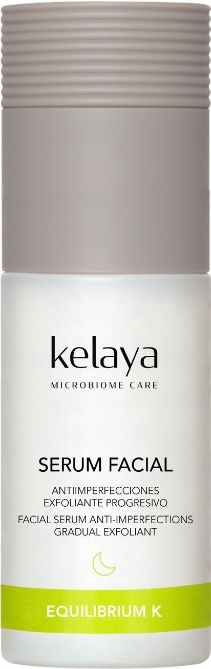 Un frasco blanco de sérum facial Kelaya con tapón gris y etiqueta verde lima en la parte inferior.