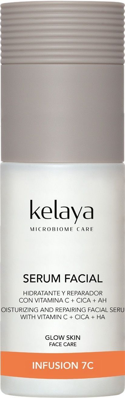 Un frasco blanco de sérum facial de Kelaya con tapón gris 