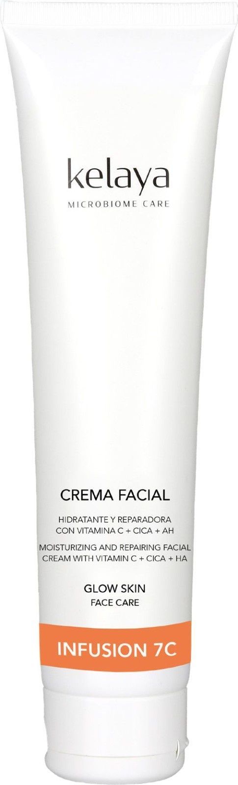 Un tubo vertical blanco de Kelaya Crema Facial Infusion VC con una etiqueta naranja.