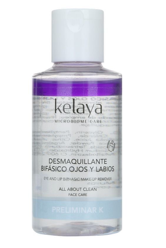 Un frasco transparente de desmaquillante de ojos y labios Kelaya bifásico con la parte superior morada y la tapa blanca.