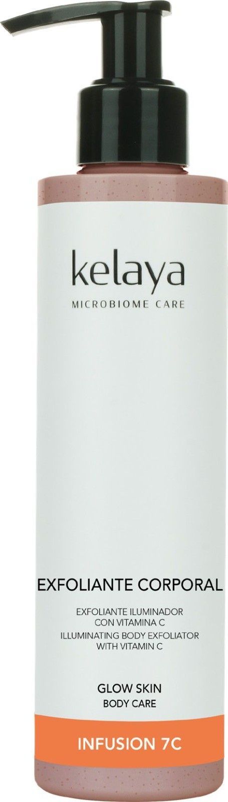 Un frasco de exfoliante corporal de la marca Kelaya con dosificador negro