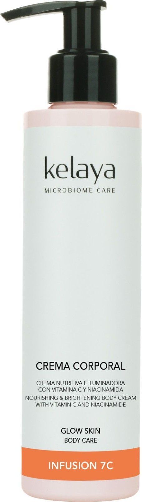 Un frasco cilíndrico blanco de crema corporal de la marca Kelaya