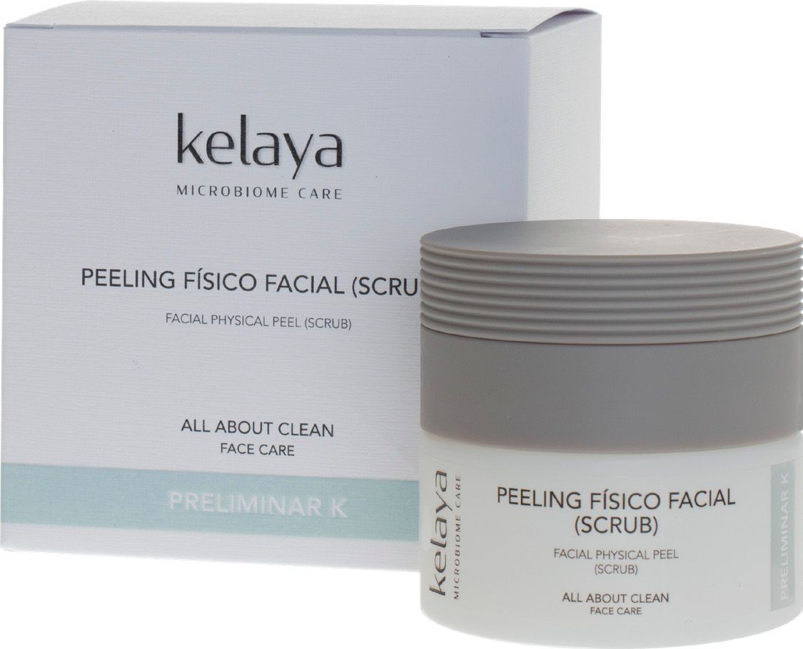 Un exfoliante facial físico de la marca Kelaya en un frasco blanco y su caja de cartón a juego sobre un fondo blanco.