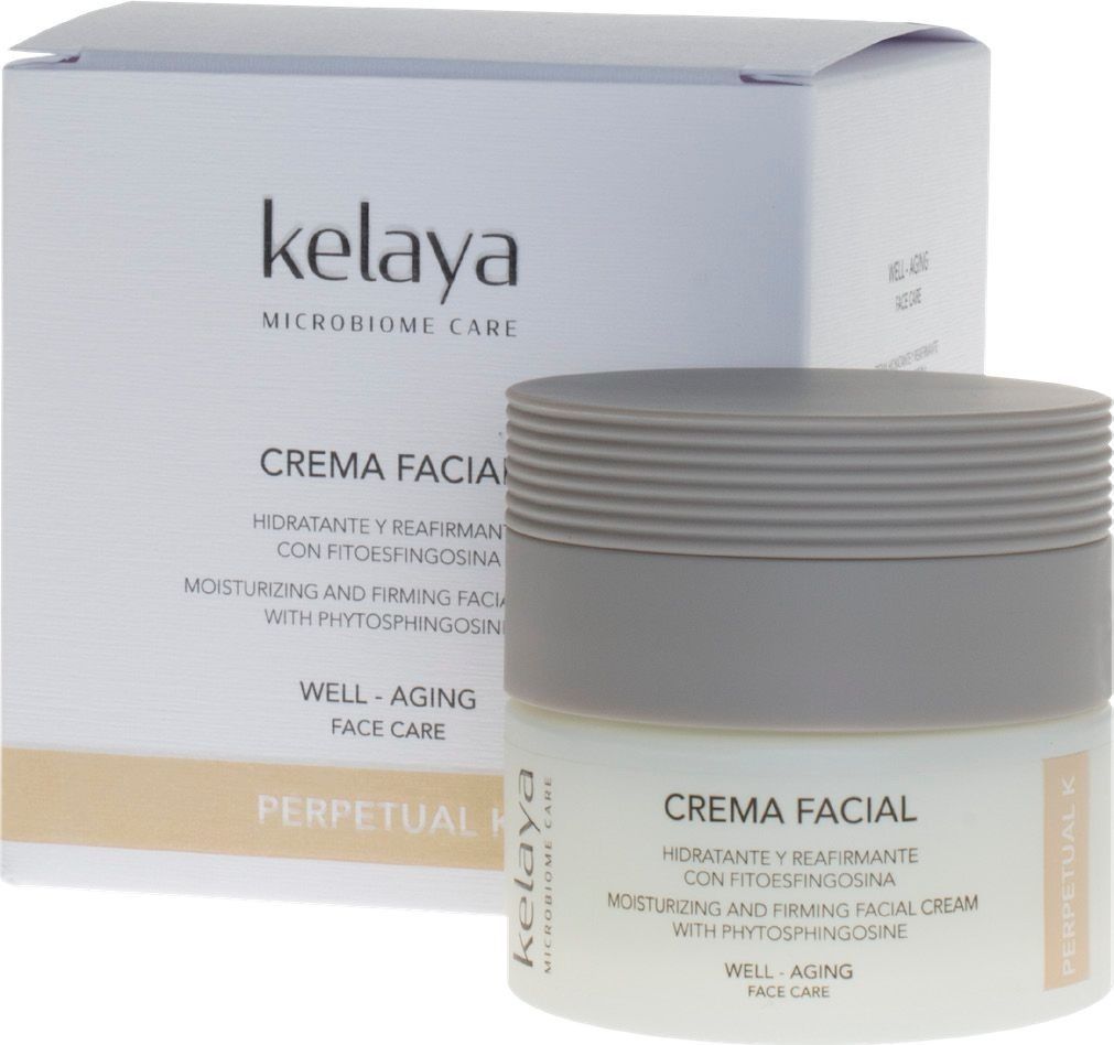 Un tarro de crema facial hidratante y reafirmante Kelaya Microbiome Care con su caja blanca y beige al fondo.