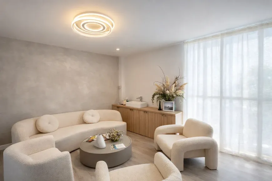 Acogedora sala de estar con sofá curvo color crema, sillas y mesa de centro redonda. Tonos neutros, gran ventanal y lámpara.