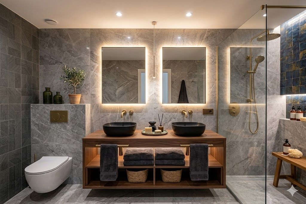 Baño moderno con dos lavabos blancos sobre un tocador de madera, un gran espejo iluminado y un inodoro montado en la pared.