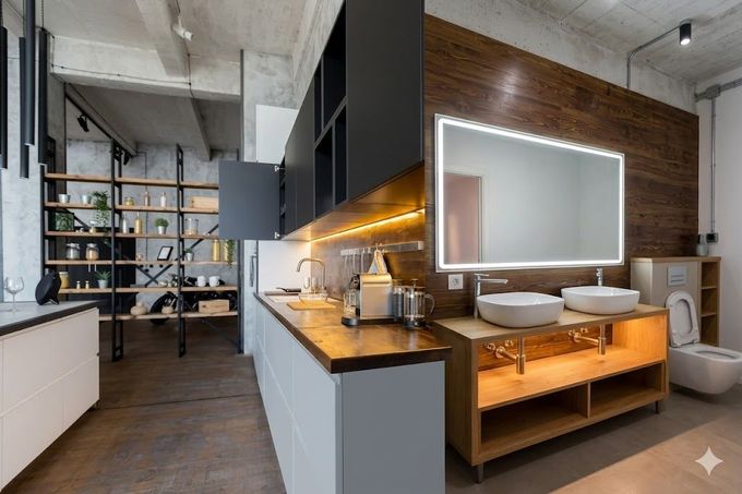 Cocina moderna con encimeras de madera, gabinetes negros y estantes abiertos en un espacio estilo loft.