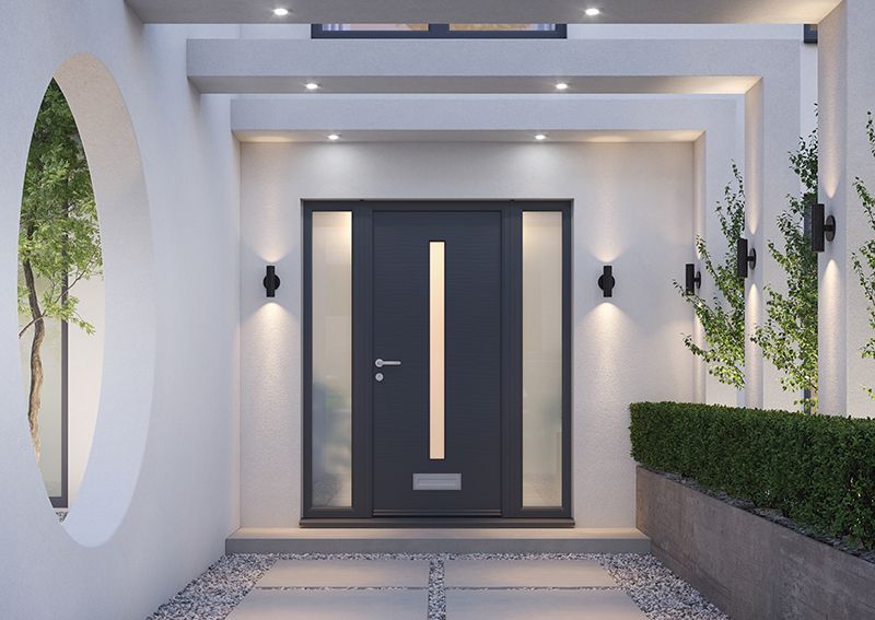 A rendering of a modern house with a black door
