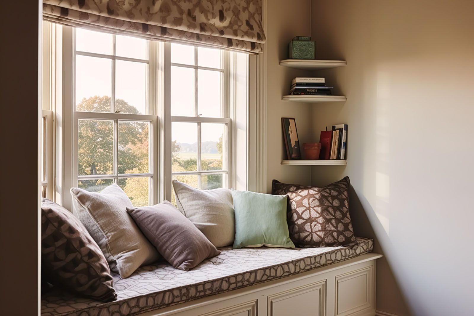 A window seat with pillows and books on shelves in a room.