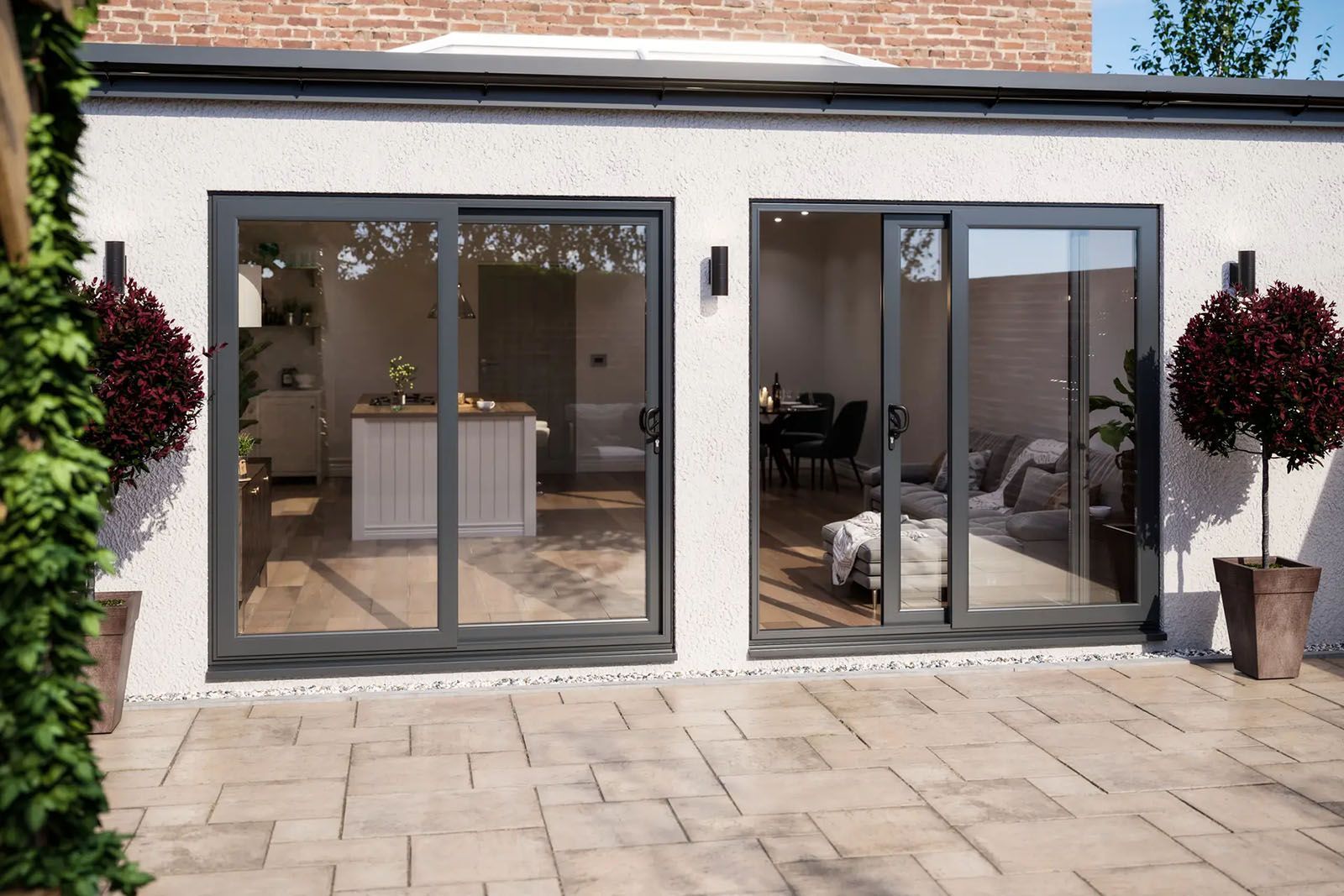 A rendering of a house with sliding glass doors and a patio.