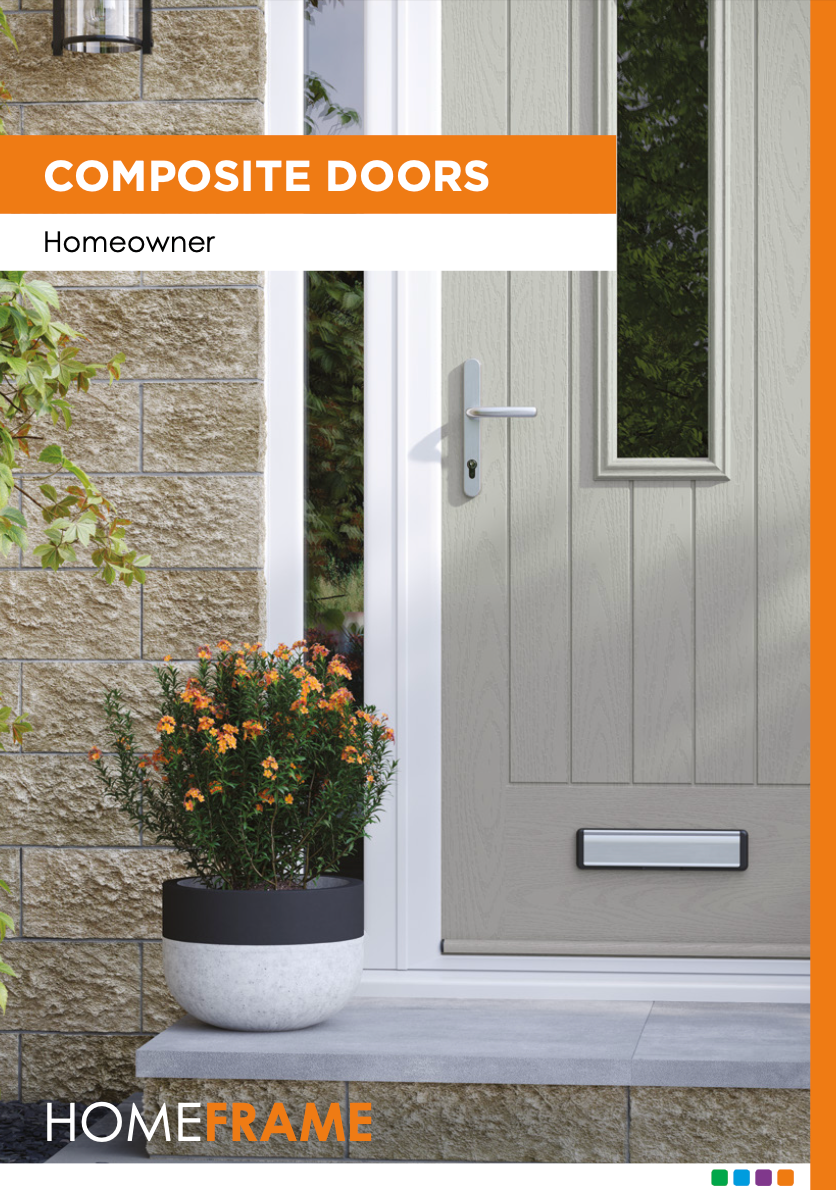 A brochure for composite doors with a potted plant in front of it.