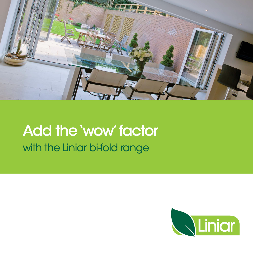 A green sign that says add the wow factor with the liniar bifold range