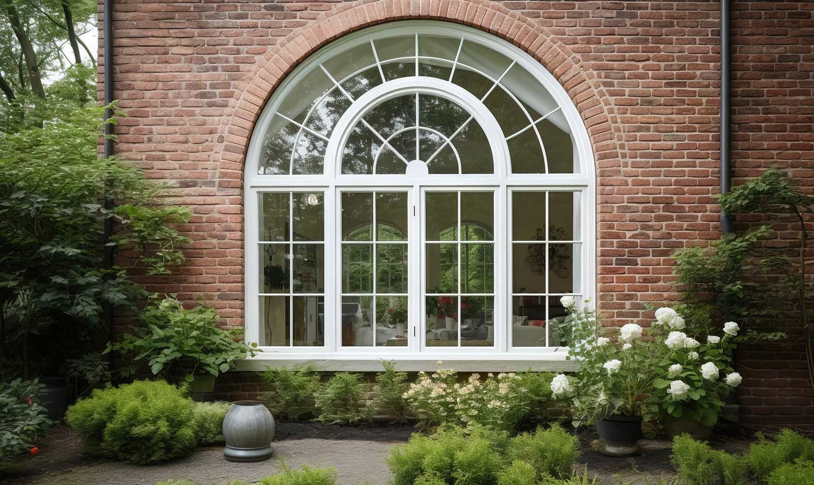 There is a large arched window on the side of a brick building.