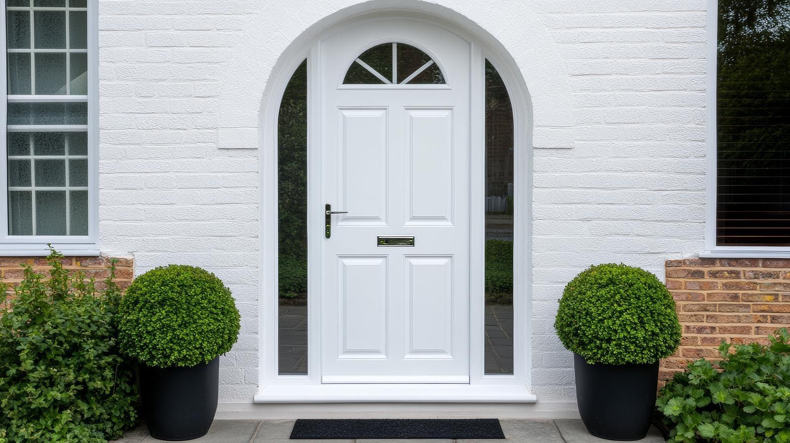 The front door of a white brick house with potted plants in front of it.