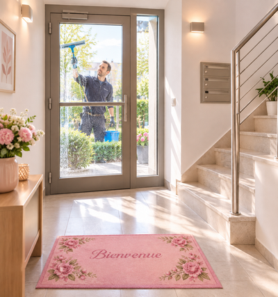 Hall d'entrée lumineux avec escalier, ascenseur et tapis de bienvenue rose « Bienvenue » sur un sol baigné de soleil.