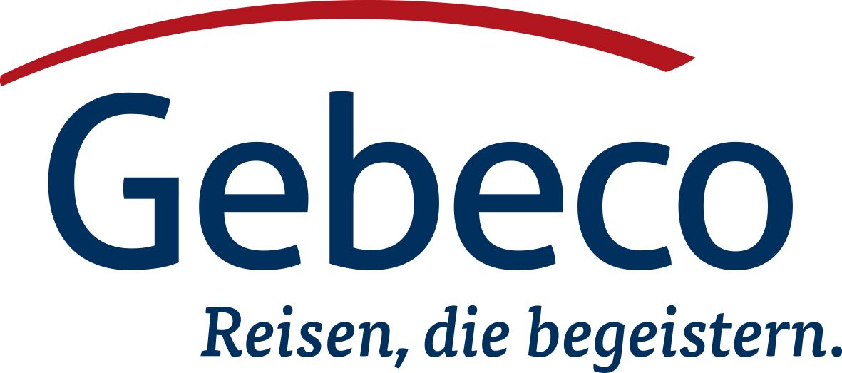 Gebeco logo with blue text and red arc, “Reisen, die begeistern.”