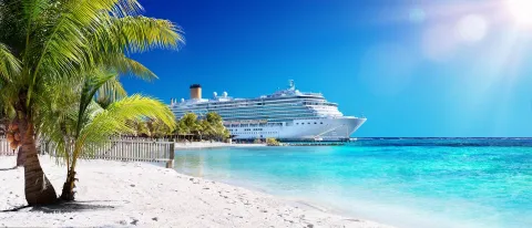 Ein Kreuzfahrtschiff liegt an einem tropischen Strand mit Palmen, weißem Sand und türkisfarbenem Wasser unter strahlend blauem Himmel vor Anker.