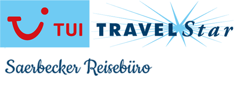 Logo mit dem Schriftzug „TUI“ und „TRAVEL Star“ sowie dem Schriftzug „Saerbecker Reisebüro“ darunter.