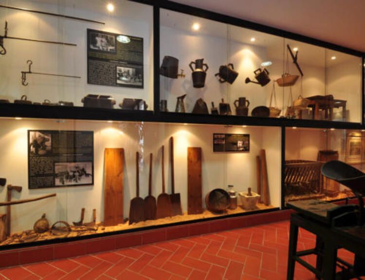 Una vitrina llena de diversos objetos, incluida una pala.