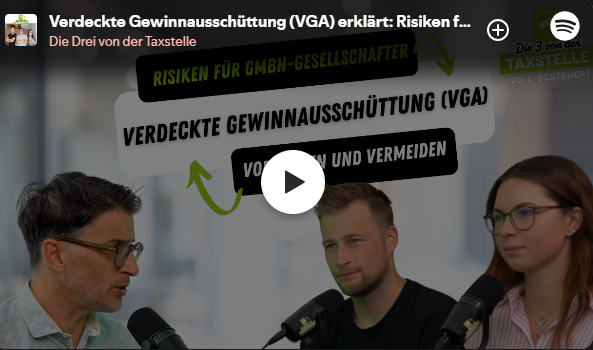 Video with three people discussing hidden profit distributions (VGA), risks for GmbH shareholders.
