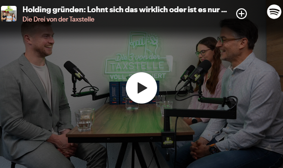 Three people in a podcast studio discussing a holding company. Text reads 