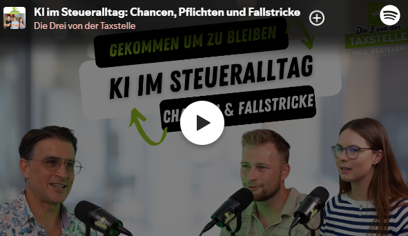 Podcast: Three people at microphones, talking about AI in tax. Title: 