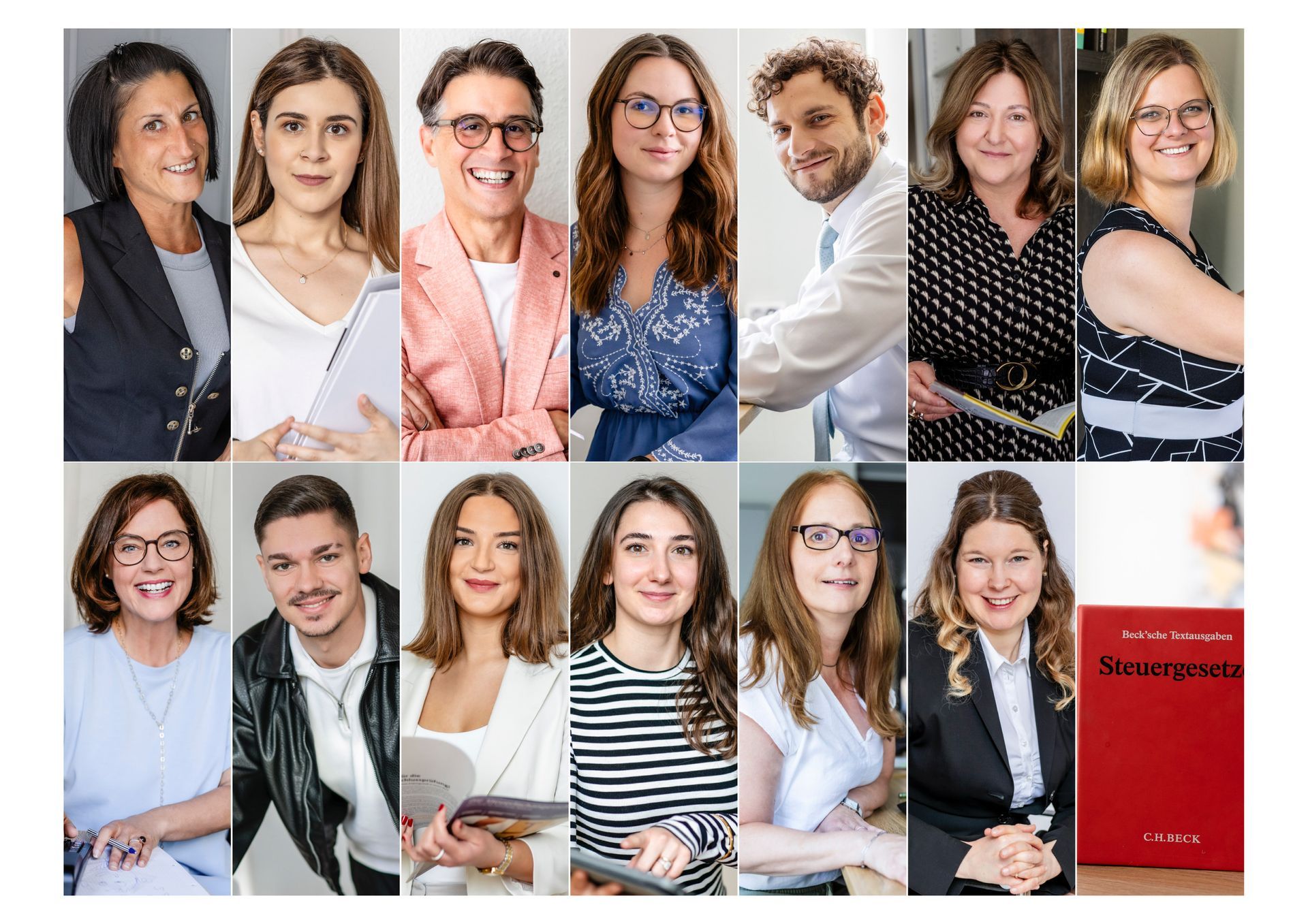 Eine Collage aus Porträts einer Gruppe von Menschen bei der Steuerkanzlei Tomas Di Stasio.