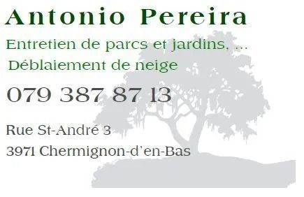 Carte d'affaires pour Antonio Pereira : entretien de jardin, déneigement; adresse à Chermignon-d'en-Bas.