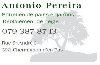 Carte d'affaires pour Antonio Pereira : entretien de jardin, déneigement; adresse à Chermignon-d'en-Bas.