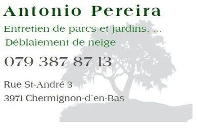 Carte d'affaires pour Antonio Pereira : entretien de jardin, déneigement; adresse à Chermignon-d'en-Bas.