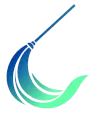 Un icono estilizado y abstracto de una escoba que pasa del azul oscuro al verde brillante, con sus cerdas describiendo una curva.