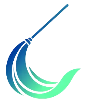 Un icono estilizado y abstracto de una escoba que pasa del azul oscuro al verde brillante, con sus cerdas describiendo una curva.