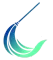 Un icono estilizado y abstracto de una escoba que pasa del azul oscuro al verde brillante, con sus cerdas describiendo una curva.