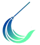 Un icono estilizado y abstracto de una escoba que pasa del azul oscuro al verde brillante, con sus cerdas describiendo una curva.