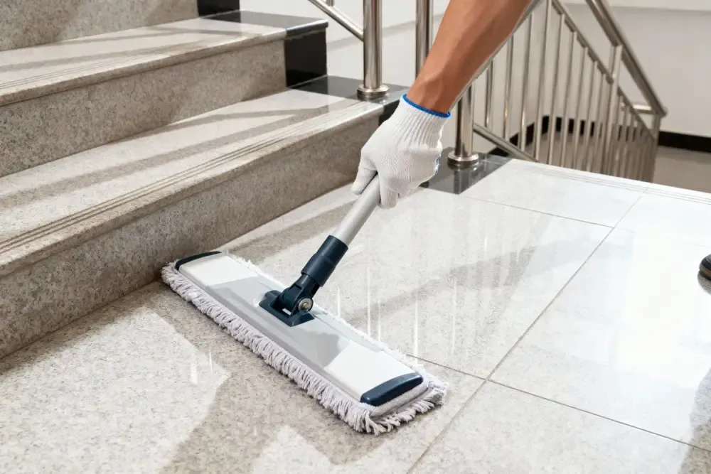 Una persona con guantes blancos friega un suelo de baldosas de color claro cerca de una escalera.