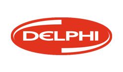 Un logotipo de Delphi rojo y blanco sobre un fondo blanco.